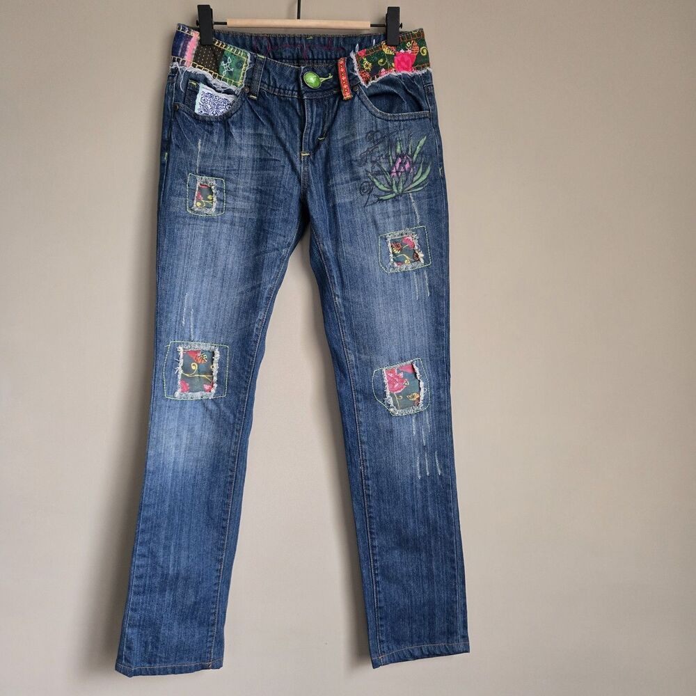 Desigual Size 26 Low Rise Straight Jeans Colorful Patchwork Medium Wash